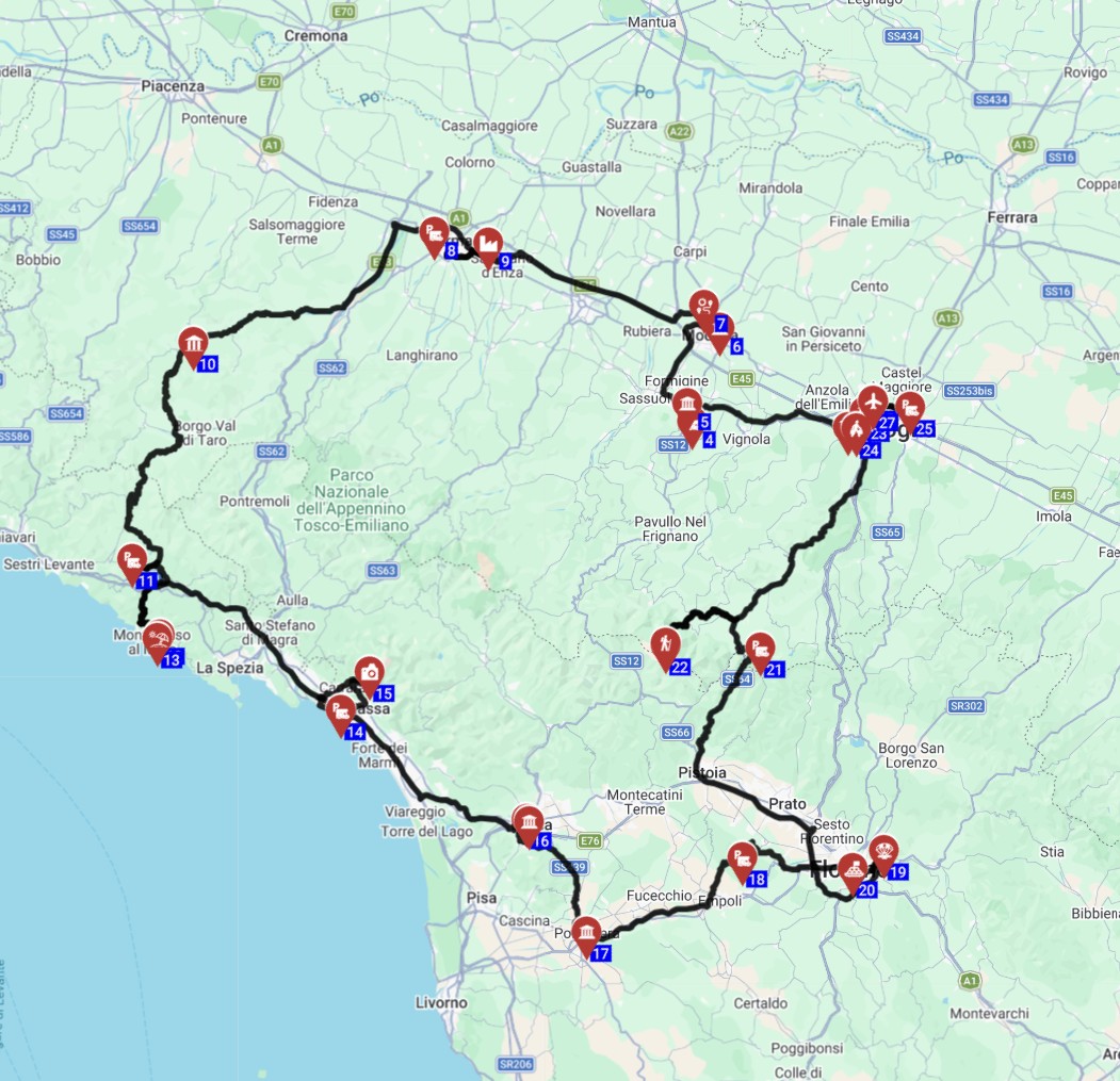 Map for טיול קרוואנים באיטליה 8 ימים תכנון מסלול מבולוניה לצינקווה טרה והשכרת קרוואן